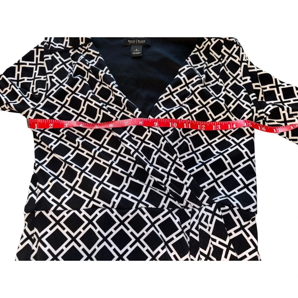 White House Black Market Faux Wrap Dress Black White Geometric 3/4 Sleeve Size 2